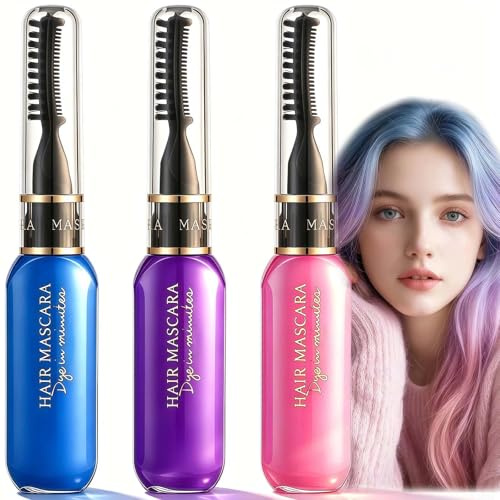 3PCS Hair Colour Spray Hairs Chalk Set, Hair Mascara, Temporary Hair/Color Spray, Mascara & Hairspray Bundle - Washable Dye In Blue, Purple, Pink - Fun, For Parties & Play