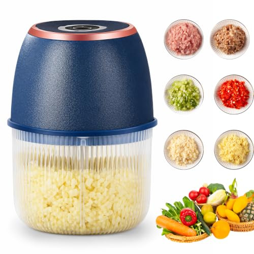 Hachoir à oignon électrique 350 ml, 6 lames en acier inoxydable, mini coupe-oignons sans fil avec USB-C, hachoir multiple pour viande, légumes, noix, ail et poivrons (bleu foncé)