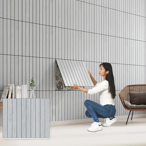 Papier Peint Adhesif Mural Anti-rayures et Lavable, Tasseau Bois Mural, Panneaux Muraux Adhesif en PVC/IXPE pour Chambres, Salons, Cuisines & Salles de Bains 60x50cm(Silver white,20 set)