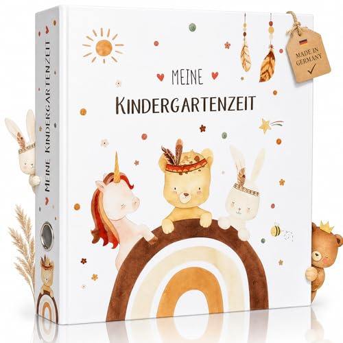OLGS Meine Kindergartenzeit Boho Ordner für Kinder, Kita Erinnerungsordner, Kindergartenordner Tiere, Sammelordner, Kindergarten, Ringordner DIN A4 - Regenbogen Einhorn, Löwe, Hase