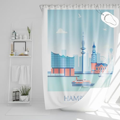 DROPHOP Maritimes Hamburg-City Duschvorhang B x H: 180 x 200 cm blau-weiß-hellblau aus wasserdichtem Polyester Textil, waschbar, Anti-schimmel, gewichteter Saum, inkl. Edelstahl-Haken