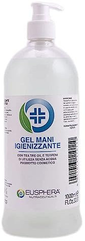 EUSPHERA - Gel igienizzante mani 1 Litro - Gel disinfettante mani con Tea Tree Oil e Terpeni Gel mani Profumato Igienizzante per le mani 100% Naturale