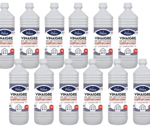 DSTOCK60 - LOT DE 12 BOUTEILLES DE 1 LITRE DE VINAIGRE BLANC NATUREL CONCENTRÉ 14 Degrés (PHEBUS produit d’origine garantie) - DÉGRAISSE, DÉTARTRE, DÉSHERBE - MAISON et JARDINAGE