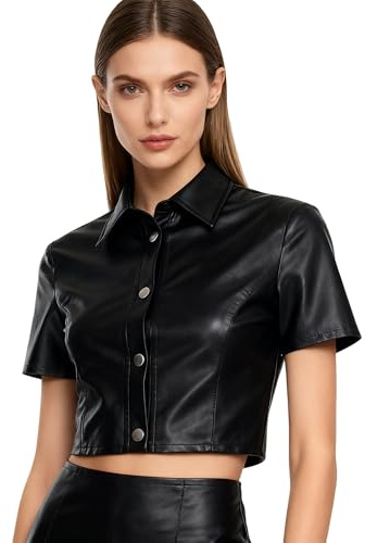 AIBEARTY Women's Sexy PU Leather Button Down Short Sleeve Crop Tops Collar Blouse Shirt for Party Club Streetwear Black