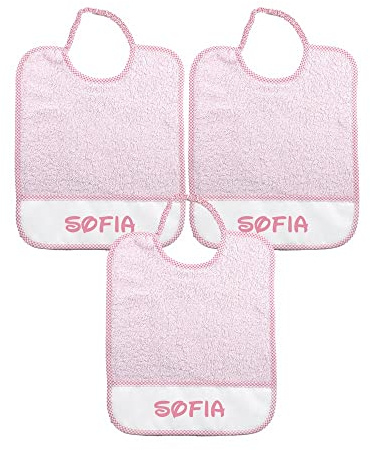 ALMATEX SRL 3 baberos personalizados con nombre tamaño maxi 29 x 36 cm de rizo con elástico y bolsillo recogemigas personalizado con nombre - 100 % algodón - Made in Italy, Rosa