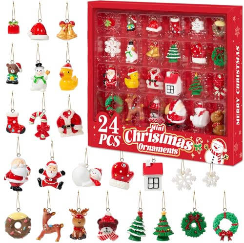 Mini Christmas Ornaments, Sooez Set of 24 Cute Miniature Resin Christmas Tree Ornament Figures Advent Calendar Fillers, Durable & Well-Crafted 3-D Figurines with Gold Loops for Easy Hanging