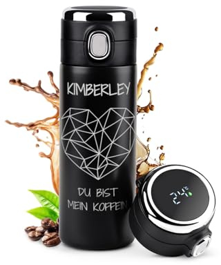Maverton Thermobecher Kaffeebecher mit Gravur 400 ml - Trinkflasche Auslaufsicher 100% dicht - Thermo Trinkflasche mit LED-Temperaturanzeige - Travel Mug für Frauen - schwarz - Herz
