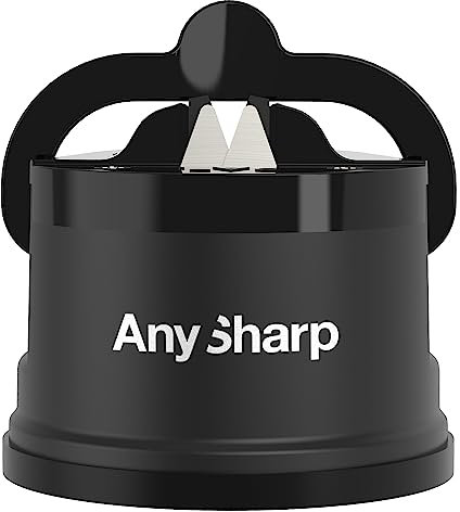 AnySharp Messerschärfer | Freihändige Sicherheit, PowerGrip Saugnapf | Sicheres Schärfen aller Küchenmesser | Ideal für gehärteten Stahl & Wellenschliff | Weltbeste Qualität | Kompakt | Schwarz