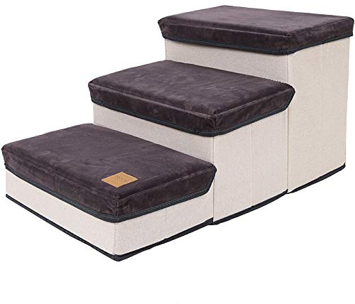 TITA-DONG 3-stufige Hundetreppe mit Aufbewahrungsbox, Haustiertreppe für Betten und Couch, Hundetreppe und Stufen für Kleine Hunde und Katzen, Kletterstufe, Haustieraufbewahrungsstufe und(Grau)