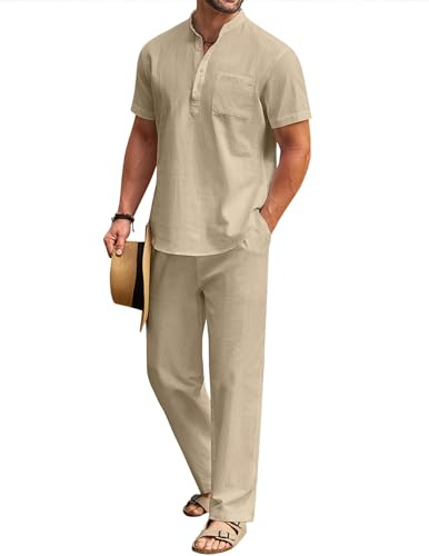 COOFANDY Men's 2 Pieces Cotton Linen Set Short Sleeve Hippie Henley Shirts Casual Beach Pants With Pockets Summer Yoga Set