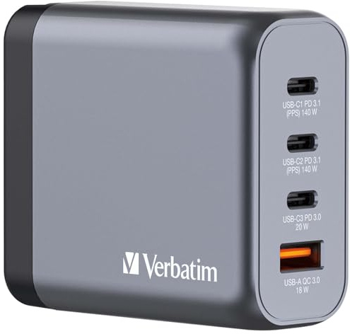 Verbatim GaN-laddare 140 W, 4 portar USB-C-laddare, strömadapter med 3 x USB-C och 1 x USB-A, snabbladdare som flera kontakter, för Apple MacBook, Notebook, iPad, iPhone, Samsung och Co