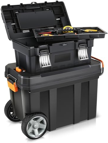 Auto Dynasty 2-IN-1 Stackable Separate Organizer Storage Tool Box Trolley with Wheels and Retractable Handle Universal For Garage Workshop and Household, High Capacity, Black