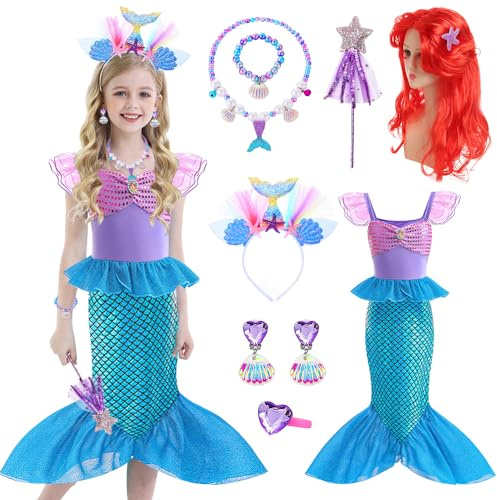 YYDSXK Meerjungfrau Kostüm Mädchen, Prinzessin Arielle Kostüm Kleid mit Ariel Meerjungfrau Perücke, Arielle Kostüm Kinder Geschenke für Mädchen, Meerjungfrau Kleid für Cosplay Karneval Party (120)