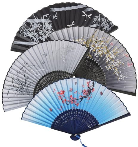 OdiuK Fächer Hochzeit 4 Stück Handfächer aus Holz Taschenfächer, Sommer Hochzeit Fecher mit Quaste, Zeremoniefächer für Geburttag Hochzeit Party Karneval Fotografie Wand Dekoration (Dunkle Farbe)