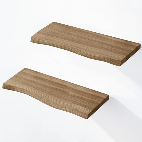 LAMO Manufaktur 2 Stück Wandregal aus Holz mit unsichtbarer Befestigung 2X 40cm | Wandregal aus 100% echtem Holz | Hängeregal für Wohnzimmer, Wandregale Set 2 Baumkante | Regal Farbe: Nussbaum