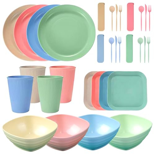 Hylruu Camping Cutlery Set for 4 People, Unbreakable and Lightweight Plastic Dinner Plates and Bowls, Picnic Tableware Set for BBQ Camping Light