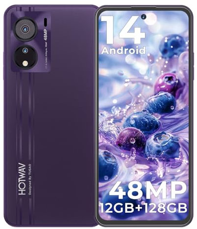 HOTWAV Note 12 EF Android 14 Smartphone 12GB+128GB/1TB SD, Pantalla 6,8 Pulgadas HD+ Batería 5160 mAh 48MP+16MP, Dual SIM 4G/WLAN 5/Octa-Core/Face ID/GPS/OTG (Purple)
