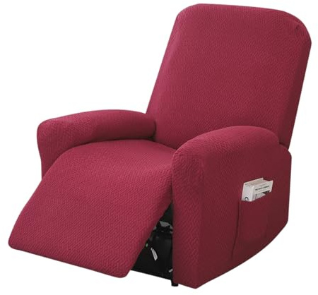OUGPIU 4-Teilig All-Inclusive Sesselbezug,Sesselschoner für Fernsehsessel,Stretchhusse für Relaxsessel, Sesselschoner für Relaxsessel,Stretch Sessel Überzug mit Taschen (Weinrot)