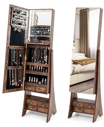 COSTWAY Armadietto portagioie con specchio, specchio con illuminazione, organizer per gioielli con cassetti e ripiano pieghevole (marrone)