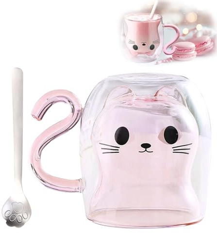 O³ Tasse Chat Rose, Tasse à cafe Double Paroi 250ml, Mug pour infusion, thé, Latte Macchiato, cappuccino - Cadeaux Noël, Valentin, Anniversaire femme, homme, Maman, Amie (RoseVerre)