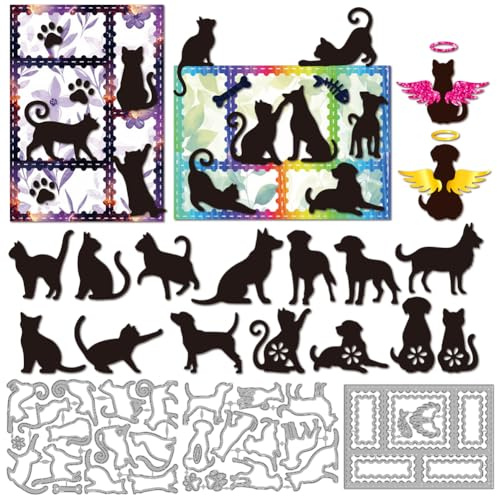 MAYJOYDIY Plantillas de corte de silueta de gato y perro, marco de metal, plantilla troquelada con estampado de huellas de animales, alas de ángel, plantillas de acero al carbono para hacer tarjetas