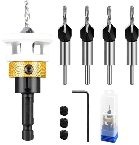 Svasatore per Legno, Set di 4 Punte per Svasatura Conica con Arresto di Profondità e Attacco Esagonale da 1/4, in HSS-M2 Punte da Trapano per Svasare Regolabile per per Fori in Legno Plastica