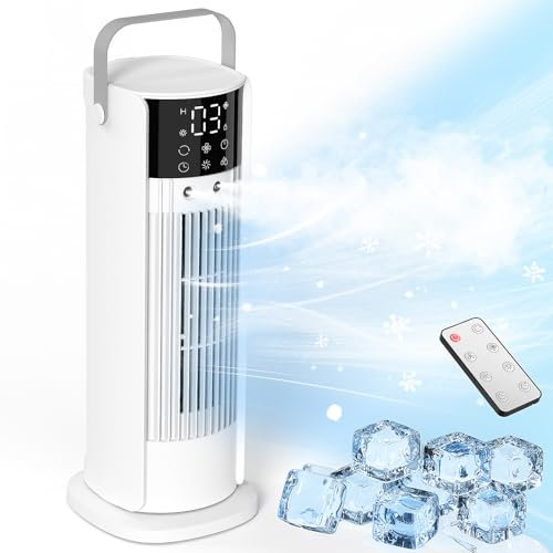 Evaporative Air Cooler with Remote Control, 5 IN 1 Portable Air Conditioner Spray Mist Desk Fan with Automatic Oscillation 3 Speeds and 7-Hour Timer Tower Fan and Humidifier for Home and Office