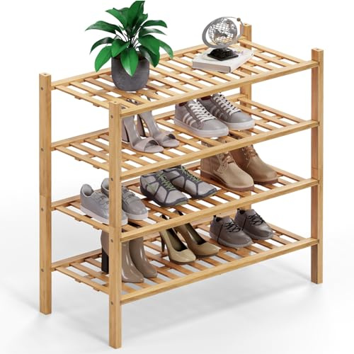 Haddockway 4 Tier Bamboo Shoe Rack Storage Organizer, Multifunctional Free Standing Stackable Shoe Shelf with Grid Panel for Closet,Hallway,Entryway,Small Space 27x11x26