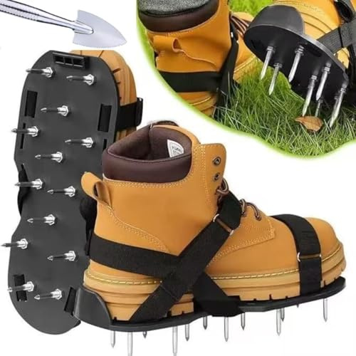 Lawn Aerator Shoes, Garden Spike Shoes with Shovel, Heavy-Duty Aeration Shoes for Lawn with Adjustable Straps, Spike Shoes for Lawn Easy Soil Aeration Universal Fit Aerator Shoes for Lawn Care (Black)