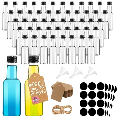 Kiswleon 50Pack Miniature Alcohol Bottles 50ml,Plastic Mini Shot Bottles with Screw Caps,Hangtag,Funnel,Label,Ropes-Reusable Empty Small Bottle for Wedding Favours for Guests