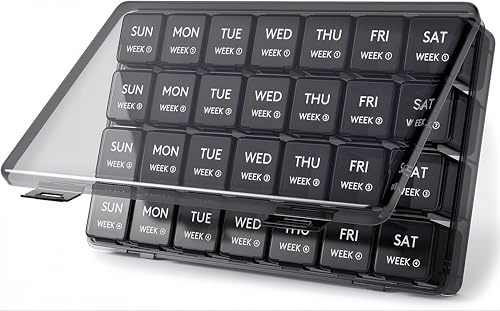 WSTELHH Monthly Pill Organizer,28-Day Pill Box, Organized by Week, with Dust-Proof Container for Vitamins, Supplements, Fish Oil and Supplement（Black）