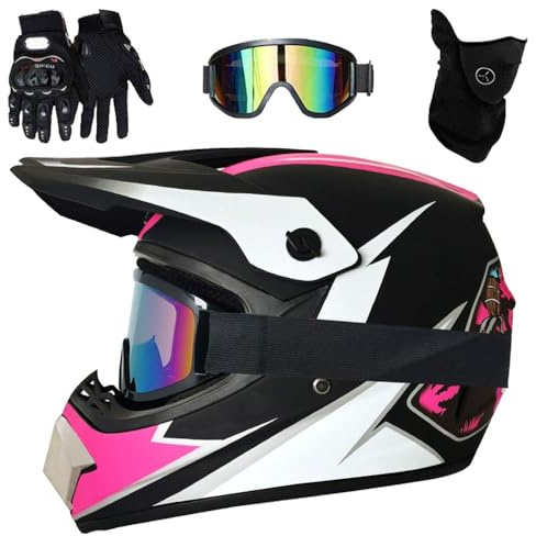 Casco Fuoristrada Per Ragazzi con Occhiali, Guanti, Maschera, DOT, Motocross, Atv, Moto da Cross, MX(S(52-53cm))