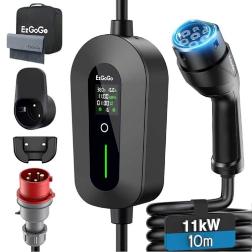EzGoGo Mobile Wallbox 11kW Ladegerät Typ 2, 6-16A mit 10m Ladekabel | Ladekabel Auto CEE 16A 400V auf Typ 2 Ladekabel,IP65, Einstellbare Leistung & Ladezeit, EV-Charger Für EVs & PHEVs