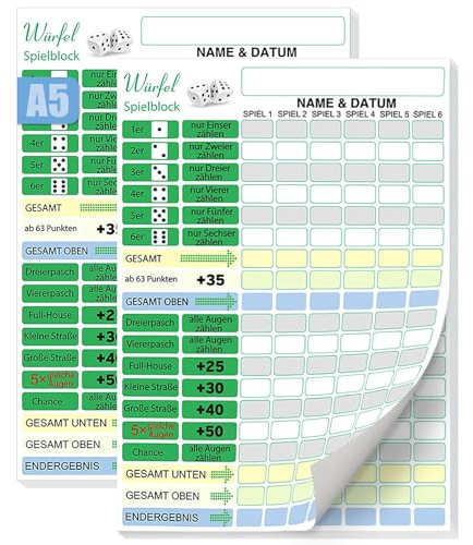 BHHTBB Kniffelblock Groß DIN A5 Yatzy Block 2 Blöcke Kniffel Extreme Ersatzblock Würfelspiel Block je 50 Blatt, Extra Große Schrift für Jung und Alt (14.8 × 21.0 cm)