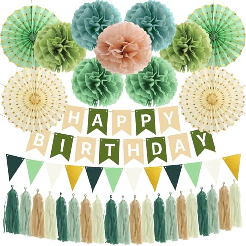 saerryor 33 Pcs Sage Green Birthday Party Decorations for Girls, Paper Decorations with Happy Birthday Banner, Colourful Bunting, Paper Pom Poms & Fan, Tassel Garland for Baby Shower, Garden Party