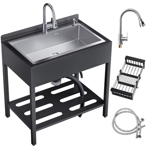 Freistehende Edelstahl Waschspüle für Außenbereich, Spülbecken Küchen Spüle mit Abtropfschale & Ausziehbarem Wasserhahn & Kalt-Warmwasserrohre, Kitchen Sink Handwaschspüle für Küche, Garage, Garten