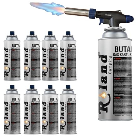 Roland Camping Butan Gaskartusche 227g – 8 Stück Gaskartuschen für Schweißbrenner Gaskocher, Lötbrenner & Heizung – Premium Qualität Butangas mit oder ohne Gasbrenner (8 Stück + Gasbrenner)