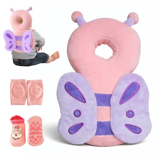 HippoBaby Baby Head Protector Backpack, Soft & Breathable Cushion for Toddlers, Adjustable Straps, Cartoon Safety Pillow for Crawling & Walking, Infant Protection for Head & Back (Butterfly)