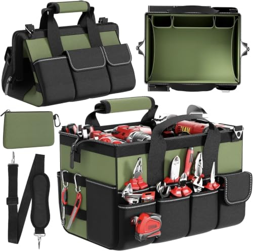 WELDUN Tool Bag 15.5 Inch, 17-Pocket Portable Tool Box Organizer Storage | with with 1 Pouch, Adjustable Strap, Soft Handle, 39.5x25x26cm Heavy Duty Tool Bags for Men Gifts for Fathers Day (Green)