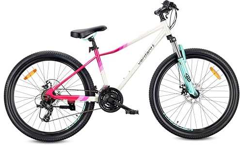 VERDANT CALIX Mountainbike 26 och, cykel för pojkar, flickor, vuxna, barncykel 26 - stötdämpare, skivbromsar, 21 växlar - Vit-Rosa-Mintgrön