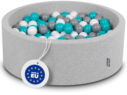 KiddyMoon Bällebad 90X30cm/300 Bälle ∅ 7Cm Bällepool Mit Bunten Bällen Für Babys Kinder Rund, Hellgrau:Grau/Weiß/Türkis