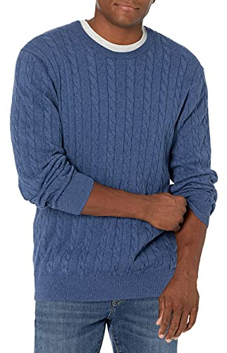 Amazon Essentials Men's Crewneck Cable Cotton Pullover Sweater, Blue Heather, X-Large