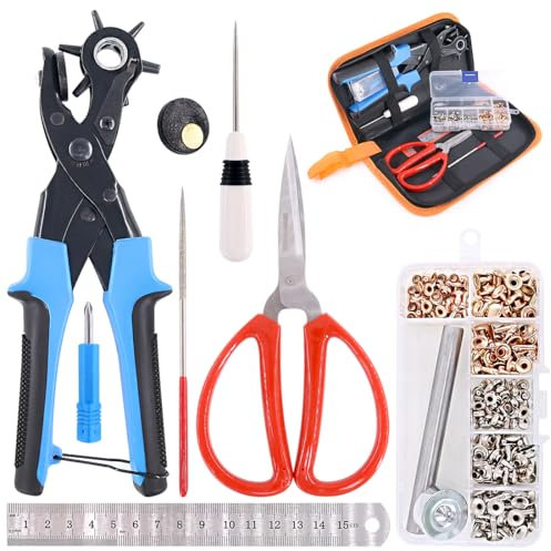 Swpeet 8Pcs Leather Hole Punch Plier with Grommet Eyelets Kit, Professional Puncher including Punch Plier Screwdriver, Scissors, Rule, Awl Tool and Grinding Rod Multi Sized Puncher for Belts, Crafts