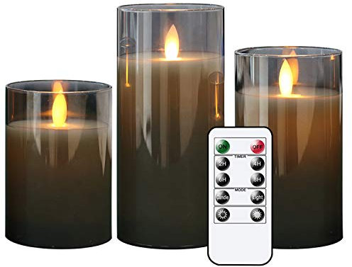 Eldnacele Gray Glass flameless Candles Flickering with Remote, Moving Wick Battery Operated Realistic Warm Light Candle, Set of 3 (D3'' x H4''/5''/6''), for Party Wedding Festival Tabletop Decoration