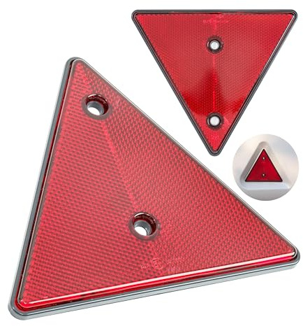 Anhänger Reflektor Dreiecke, 2 Pack, in Rot, zum Anschrauben, 15 cm Seitenlängen, 70 mm Lochabstand, mit E-Prüfzeichen, Rückstrahler hinten, dreieckige Streuscheibe Heck, Hängerdreieck rechts links