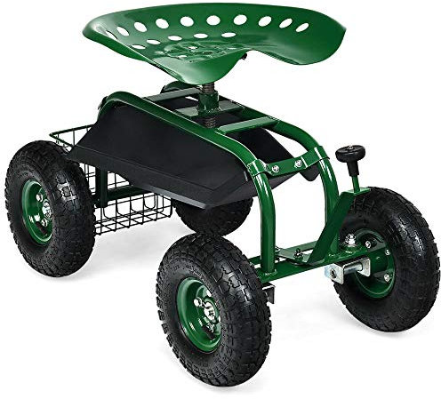 DORTALA Rollbarer Gartenwagen mit 4 Rädern, Arbeitssitz mit 360° drehbarem und höhenverstellbarem Sitz, robuster Pflanzwagen mit Aufbewahrungskorb, Grün