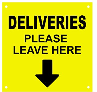 Hinweisschild mit englischer Aufschrift Delivery Please Leave Here, With Directional Arrow Entrance, wasserdicht, Acryl, Bohrlöcher (groß – 290 mm x 195 mm, gelb)