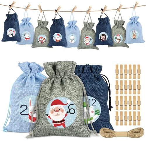 Sprinlot Calendario Dell'avvento da Riempire, 24 Sacchetti Juta Calendario Avvento, Natale Calendario dell'Avvento Borsa, Sacchetto Regalo di Natale, Calendario Avvento Fai da Te
