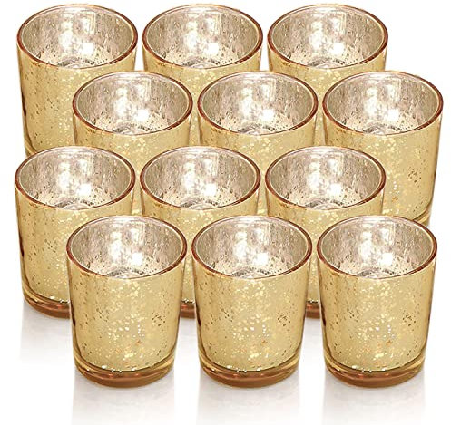 Gold Votive Candle Holders, Mercury Glass Tealight Candle Holder Set of 12, Perfect Centerpieces for Wedding, Party, Home Decor (Gold)