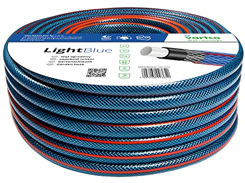 Vartco Light Blue 4-Lagers Vattenslang Trädgårdsslang Trädgårdsbevattningsslang Flexibel Slang Polyesterkorsfläta UV-beständig 22 Bar (3/4 30m)